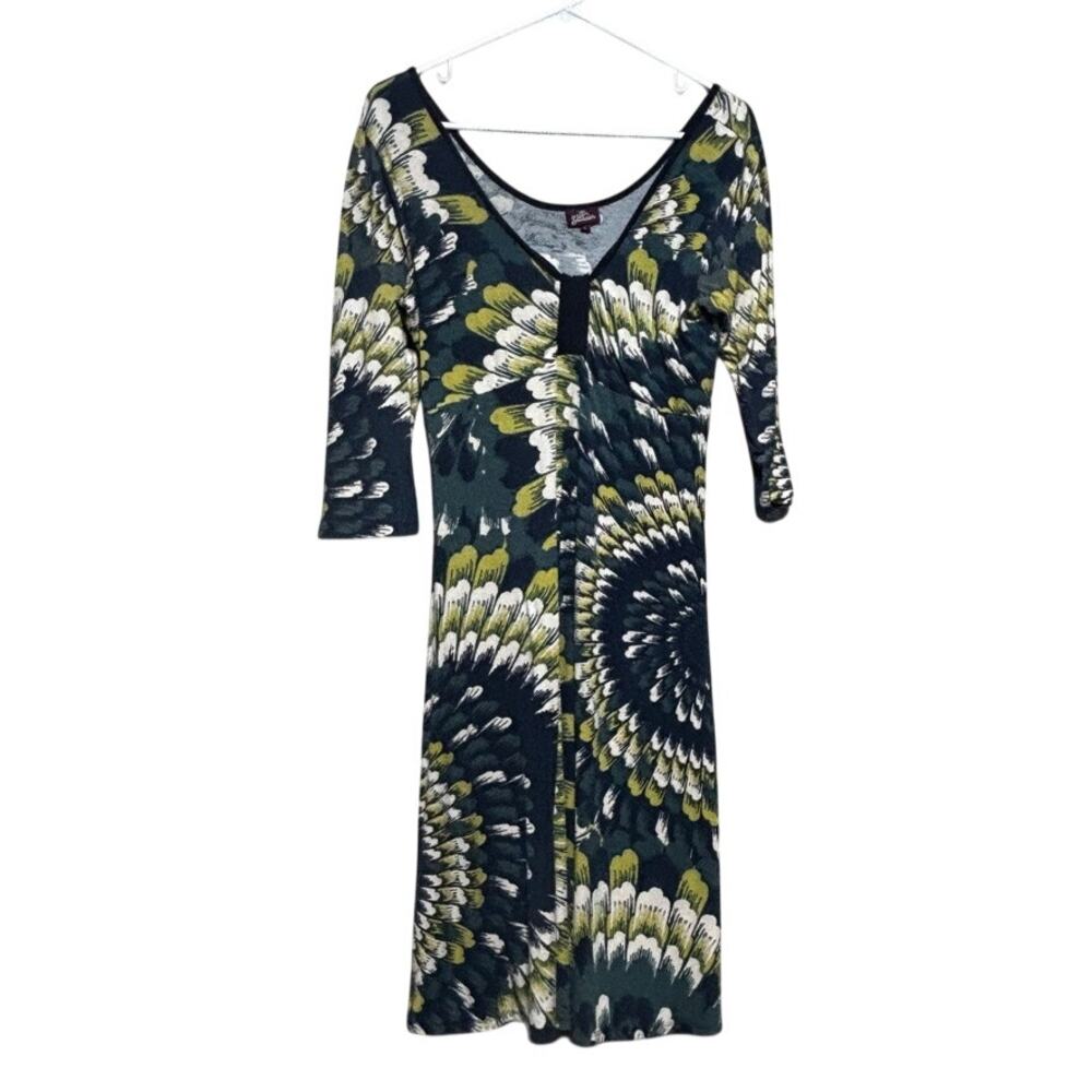 Salaam Green Blue Geometric V-Neck Empire Waist 3/4 Sleeve Midi Dress Art Size L